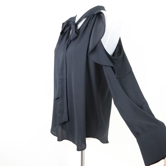 Ann Taylor Size S Cold Shoulder Ruffle Blouse Split Tie V Neck Black - Picture 1 of 11
